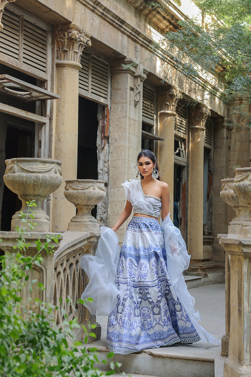 Blue & Silver Neckline Blouse with Lehenga (OA-7420)