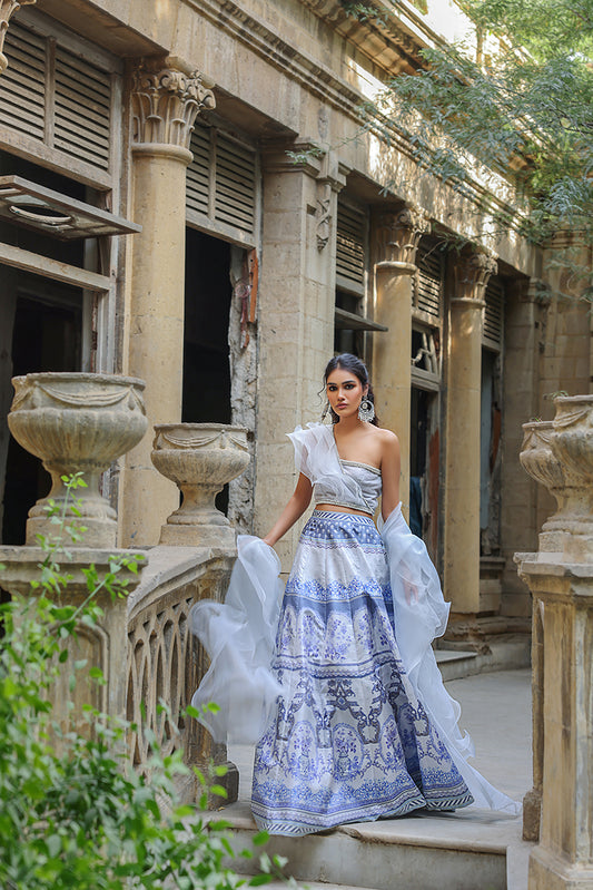 Blue & Silver Neckline Blouse with Lehenga (OA-7420)