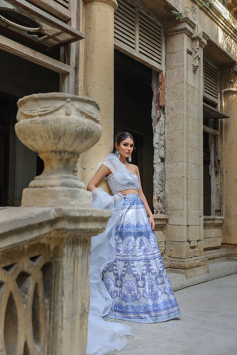 Blue & Silver Neckline Blouse with Lehenga (OA-7420)