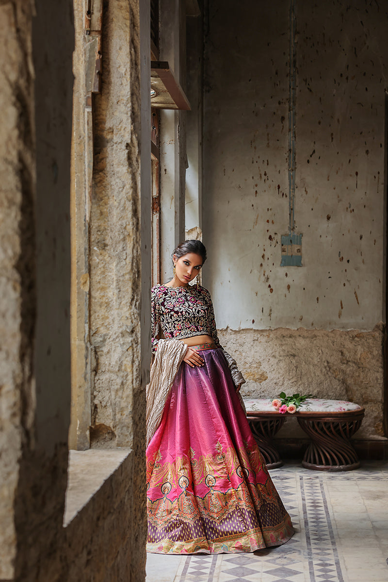 Velvet Handwork Blouse with Colored Lehenga (OA-7466)