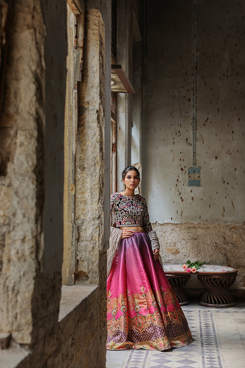 Velvet Handwork Blouse with Colored Lehenga (OA-7466)