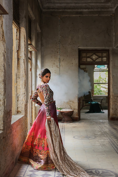 Velvet Handwork Blouse with Colored Lehenga (OA-7466)