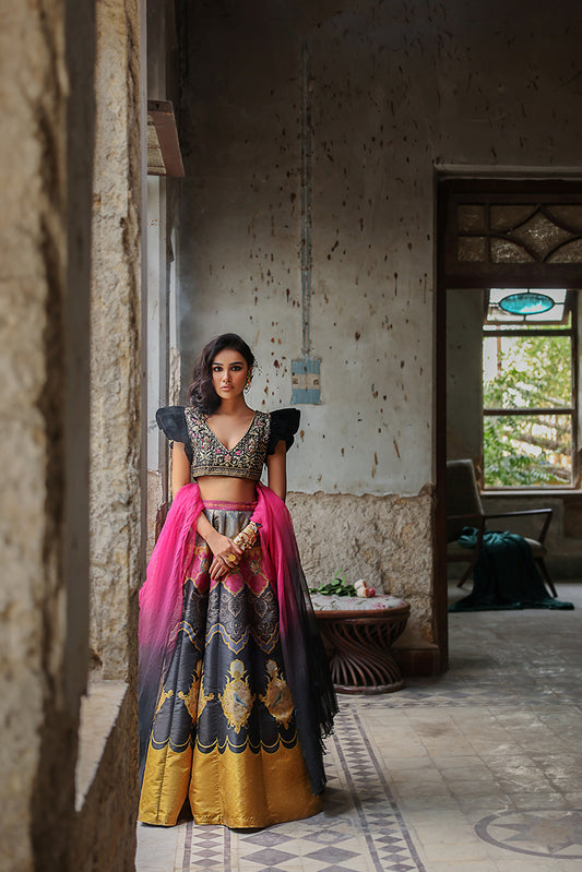 Black Velvet Blouse with Printed Lehenga (OA-7474)