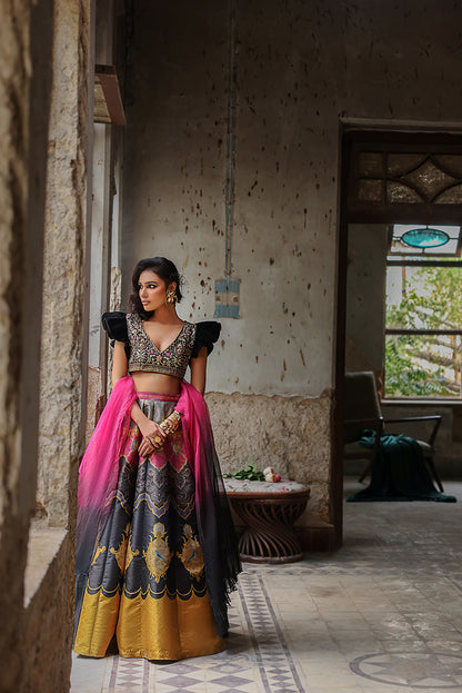 Black Velvet Blouse with Printed Lehenga (OA-7474)