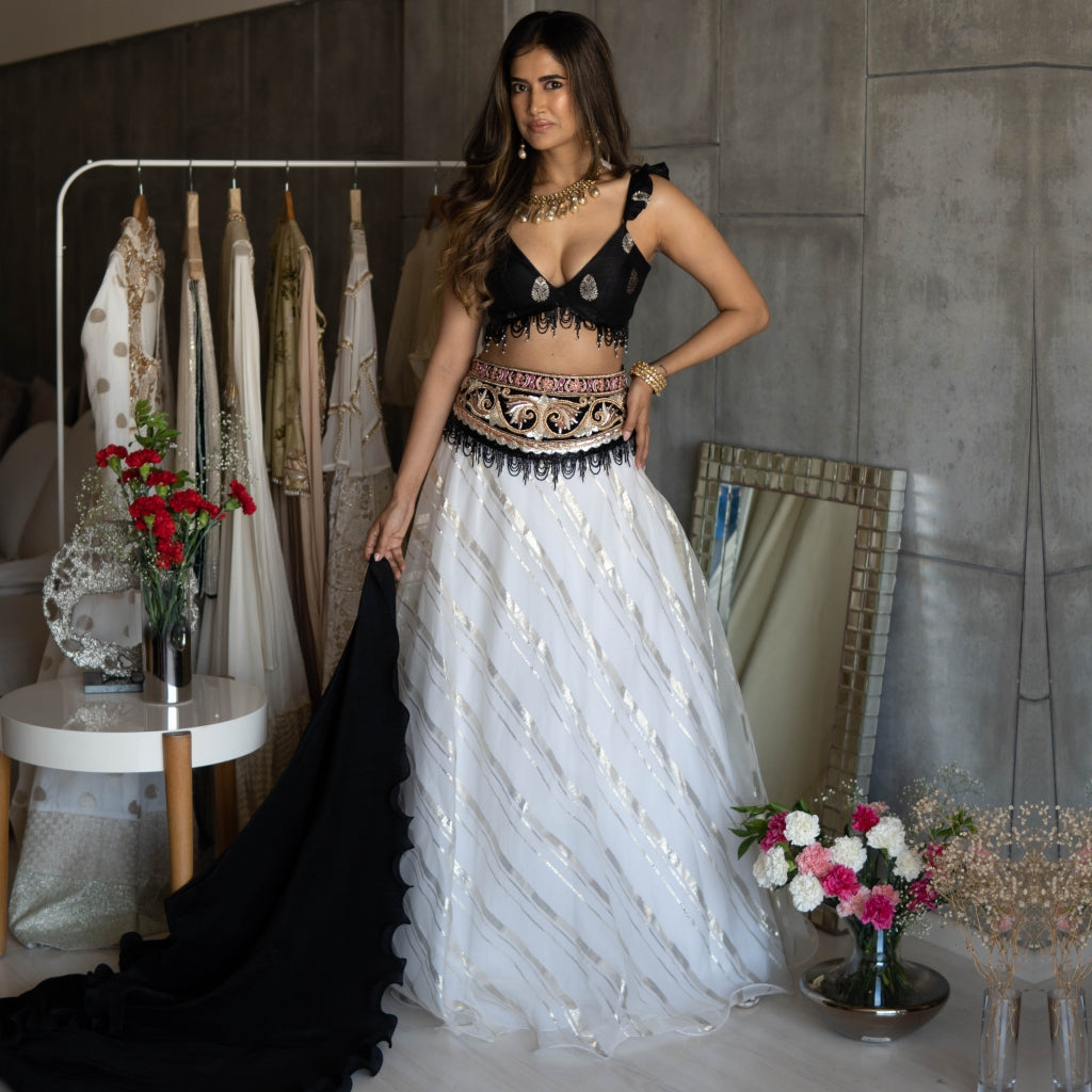 Black Blouse with Off White Organza Skirt & Silk Dupatta (OA-16)