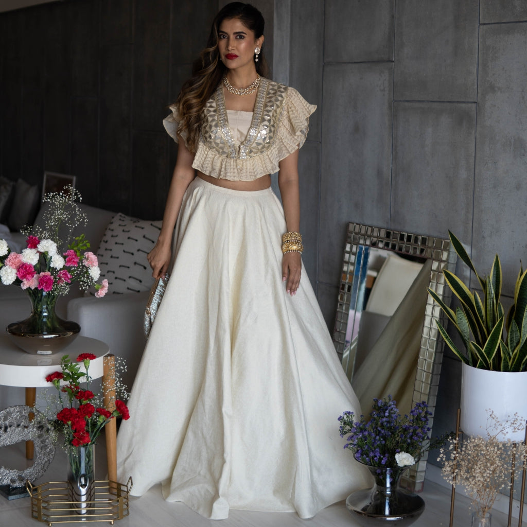 Gold Crop Top with Of White Silk Skirt (OA-21)