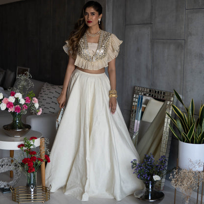 Gold Crop Top with Of White Silk Skirt (OA-21)