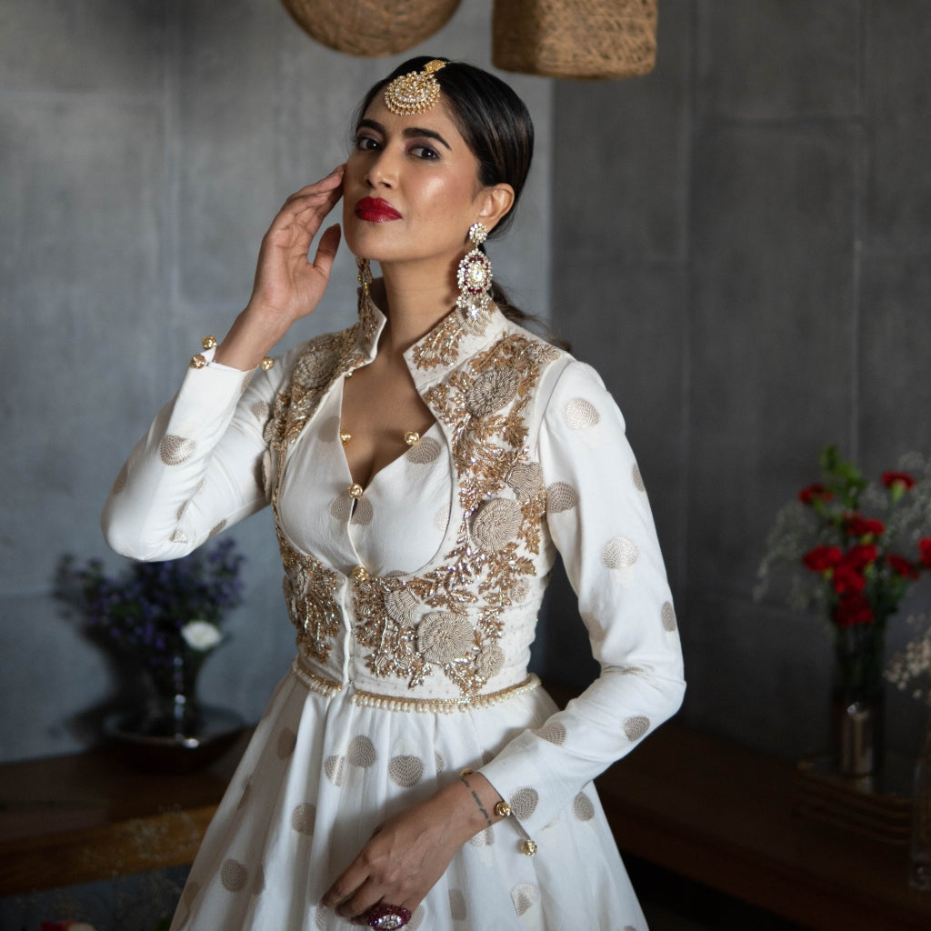 Off White Chanderi Anarkali with Koti & Ruffled Dupatta (OA-14)