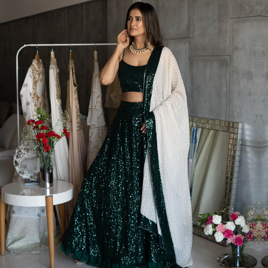 Green Choli & Ghagra with Off White Dupatta (OA-17)