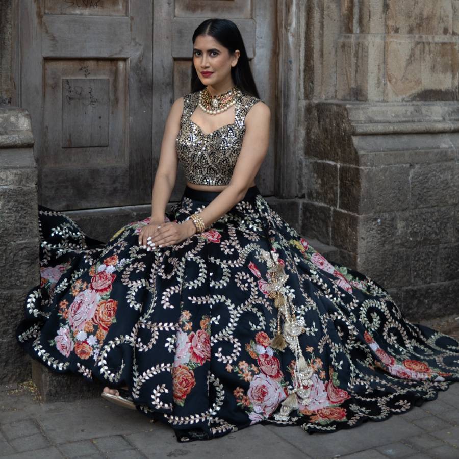 Black Blouse with Embroidered Ghagra & Ruffled Dupatta (AB-51)
