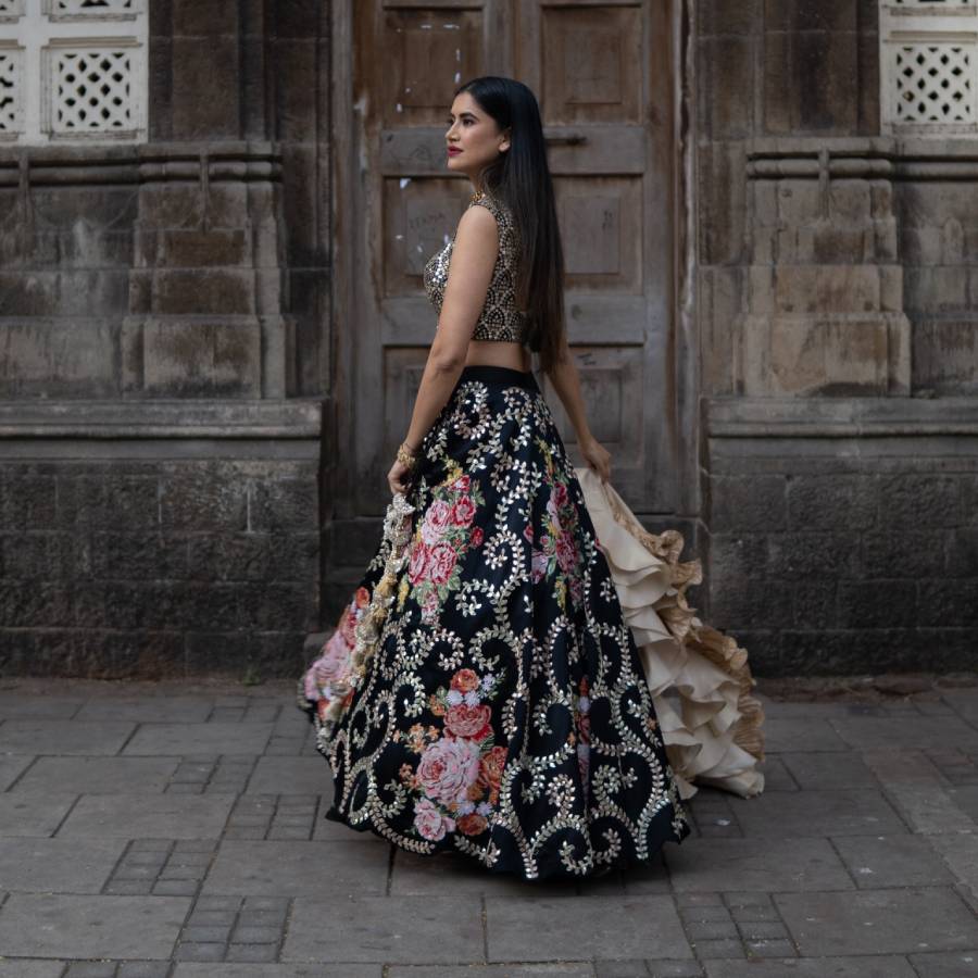 Black Blouse with Embroidered Ghagra & Ruffled Dupatta (AB-51)