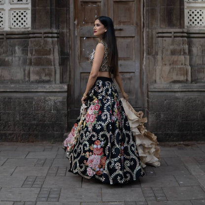 Black Blouse with Embroidered Ghagra & Ruffled Dupatta (AB-51)