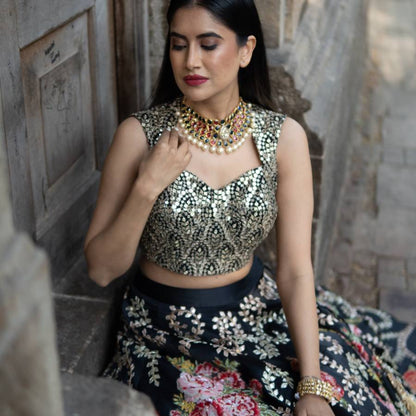 Black Blouse with Embroidered Ghagra & Ruffled Dupatta (AB-51)