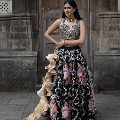 Black Blouse with Embroidered Ghagra & Ruffled Dupatta (AB-51)