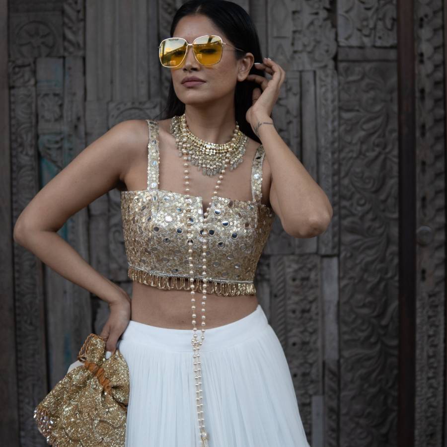 White skirt gold top new arrivals