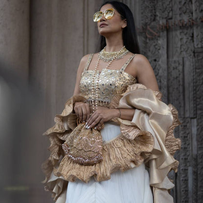 Gold Crop Top with White Skirt & Ruffled Dupatta (AB-54)