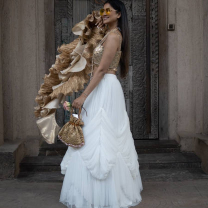Gold Crop Top with White Skirt & Ruffled Dupatta (AB-54)