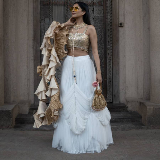 Gold Crop Top with White Skirt & Ruffled Dupatta (AB-54)