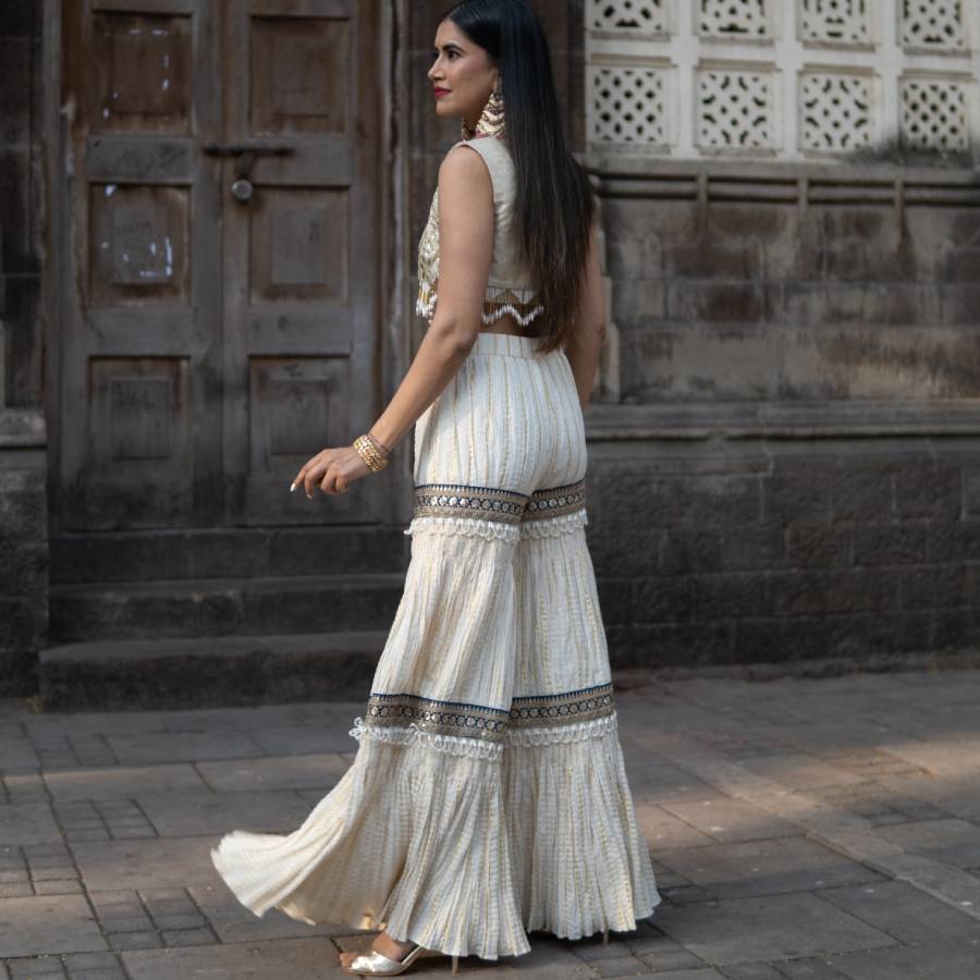 Gold Embroidered Jacket with Sharara Pants (AB-55)