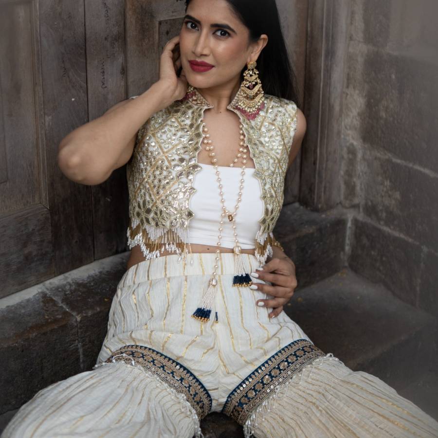 Gold Embroidered Jacket with Sharara Pants (AB-55)
