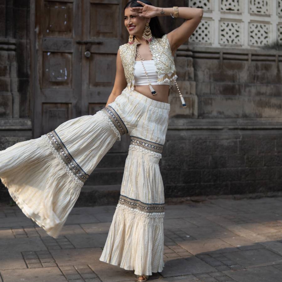 Gold Embroidered Jacket with Sharara Pants (AB-55)