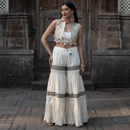 Gold Embroidered Jacket with Sharara Pants (AB-55)