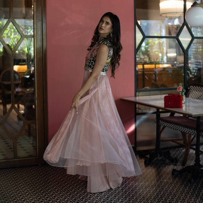 Pink Anarkali with Embroidered Black Koti & Pallazo Pants (AB-56)