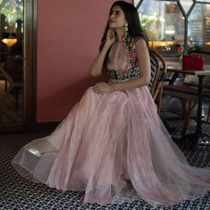 Pink Anarkali with Embroidered Black Koti & Pallazo Pants (AB-56)