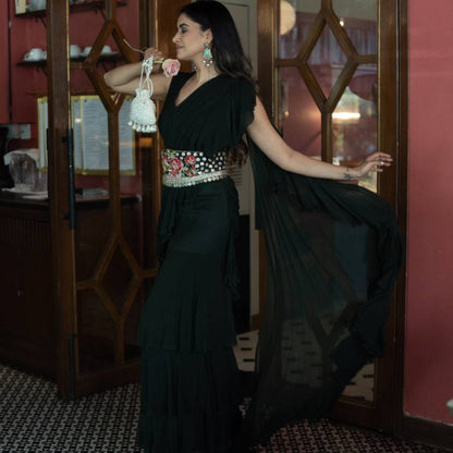 Black Ruffled Sari with Embroidered Belt (AB-59)