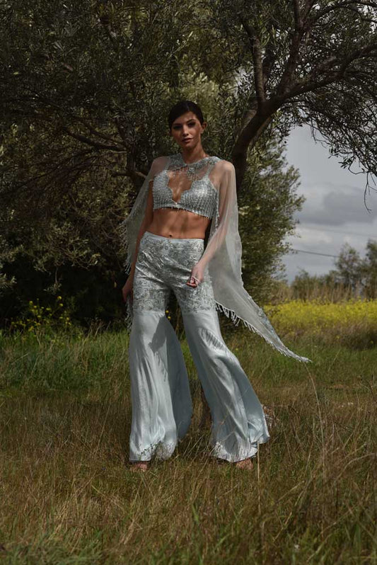 Embroidered Pallazo Pant & Crop Top with Organza Cape (OA-67)