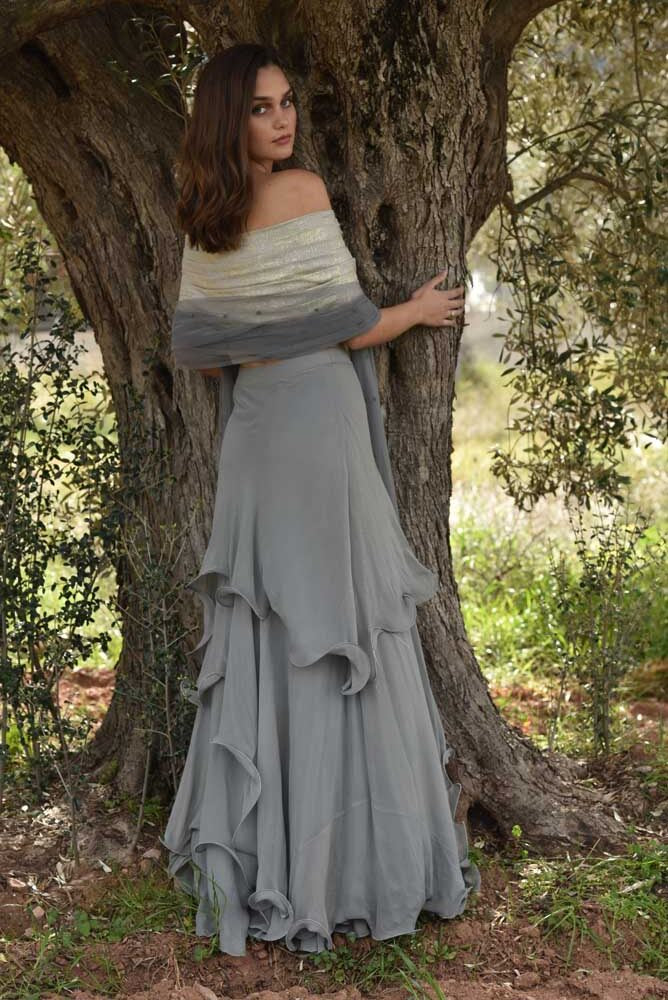 Shimmer Blouse with Grey Ruffled Skirt & Dupatta (OA-69)
