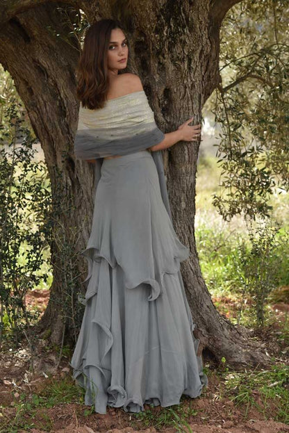 Shimmer Blouse with Grey Ruffled Skirt & Dupatta (OA-69)