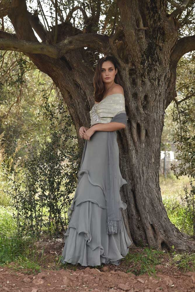 Shimmer Blouse with Grey Ruffled Skirt & Dupatta (OA-69)