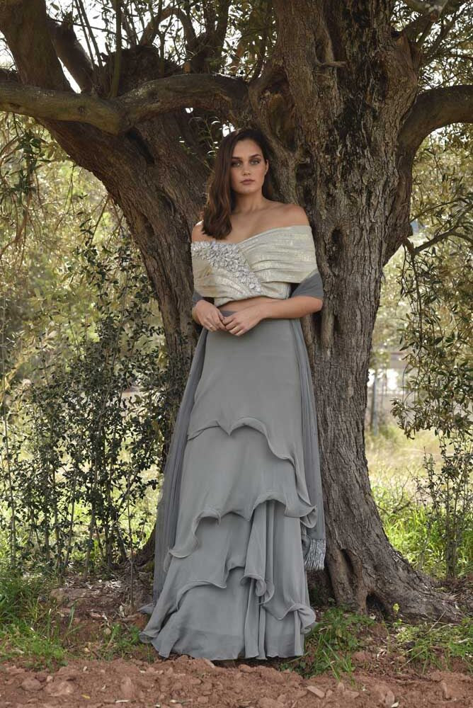 Shimmer Blouse with Grey Ruffled Skirt & Dupatta (OA-69)
