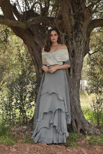 Shimmer Blouse with Grey Ruffled Skirt & Dupatta (OA-69)