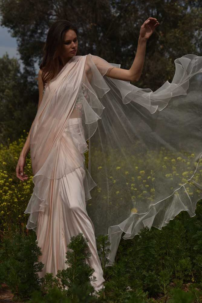 Blush Pink Sari with Floral Embroidered Blouse (OA 86)