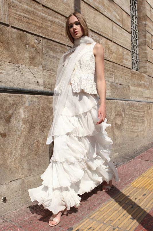 Off White Georgette Peplum with Layered Skirt & Dupatta (R0456)