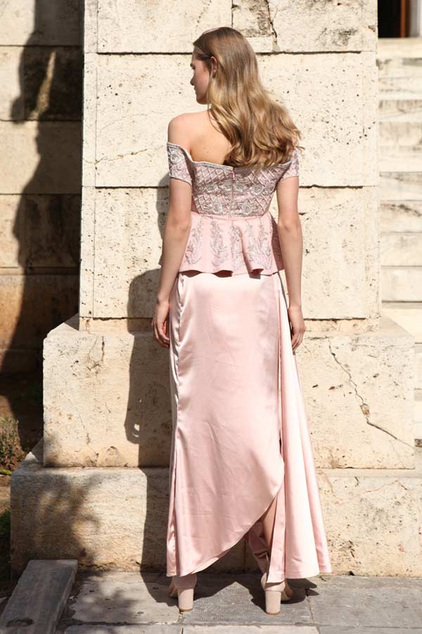 Tea Pink Embroidered Peplum with Silk Cowl Skirt (RO2004)