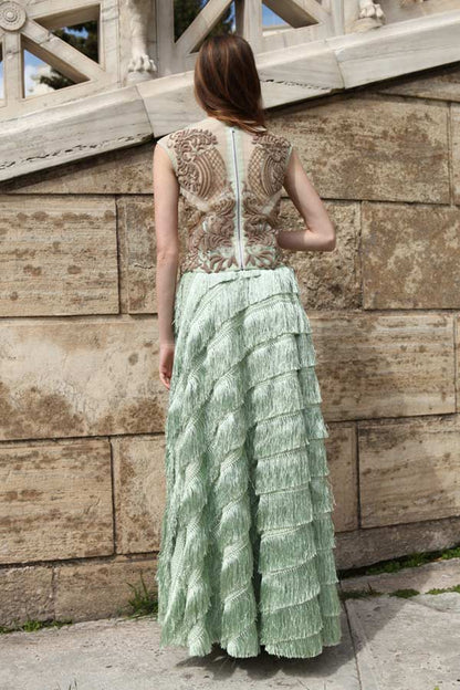 Mint Green Embroidered Blouse with Tasseled Skirt (RO2005)