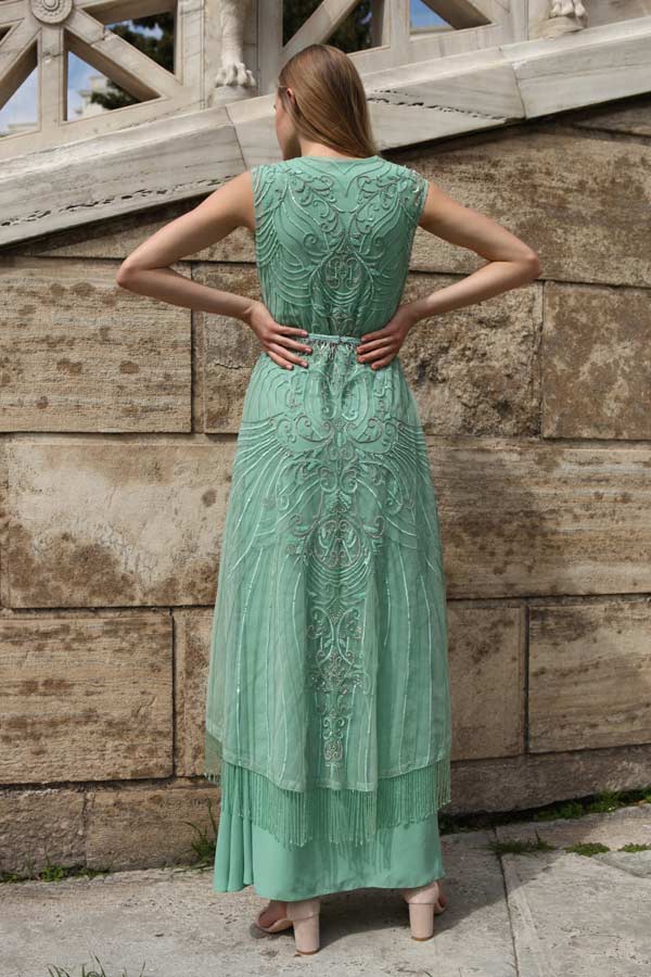 Green Embroidered Jacket with Cowled Gown (R0459)