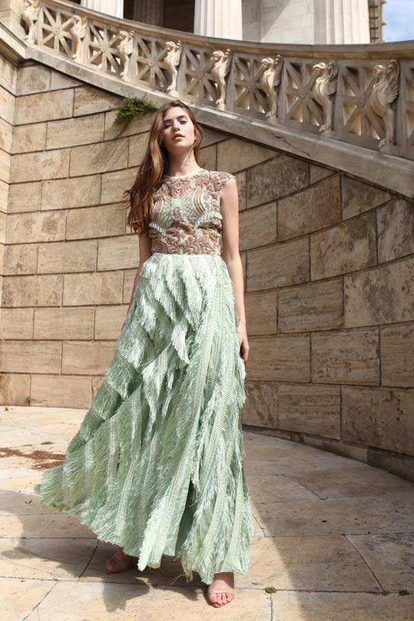 Mint Green Embroidered Blouse with Tasseled Skirt (RO2005)