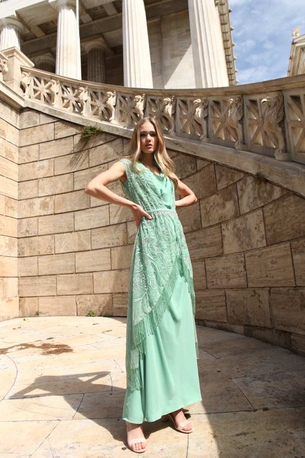 Green Embroidered Jacket with Cowled Gown (R0459)