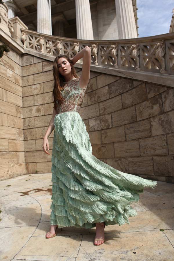 Mint Green Embroidered Blouse with Tasseled Skirt (RO2005)
