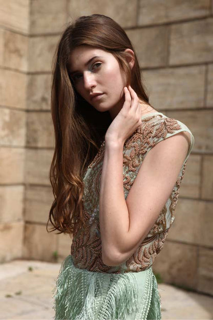 Mint Green Embroidered Blouse with Tasseled Skirt (RO2005)