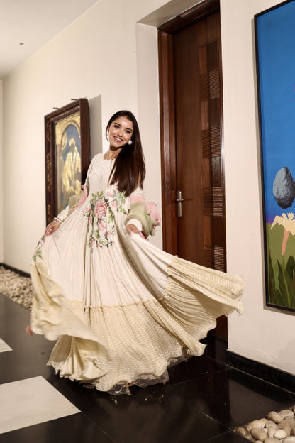 Cream Anarkali with a crushed dupatta