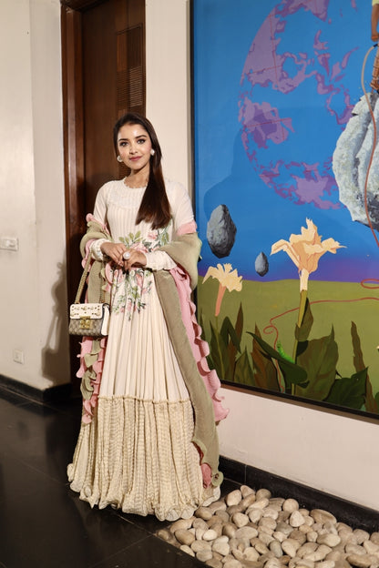 Cream Anarkali with a crushed dupatta