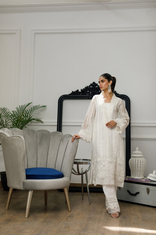Off White Cotton Net Kurta (8328)