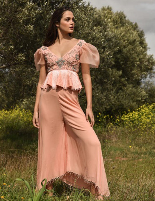 Peach Embroidered Peplum with Palazzo (OA-77)