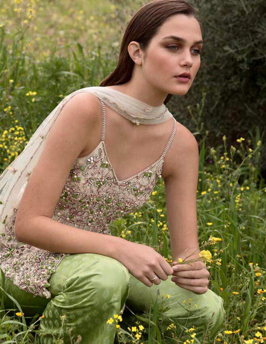 Off White Embroidered Kurta with Lime Green Pants & Dupatta (OA-80)
