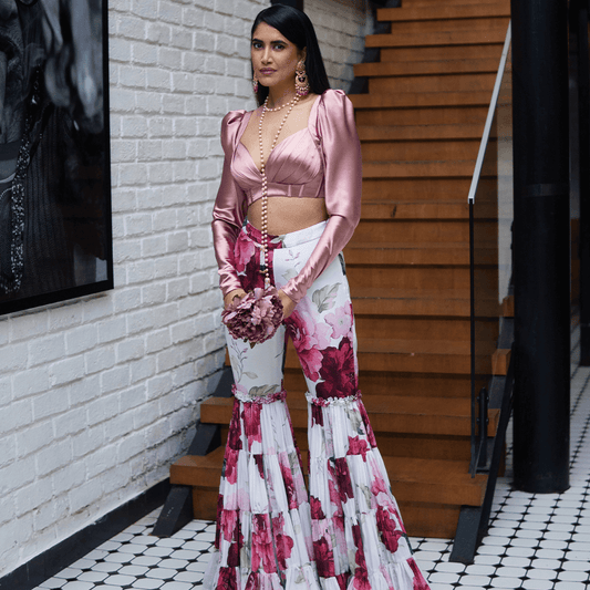 Floral Pallazo Pant with Rose Pink Satin Top (AOB-05)